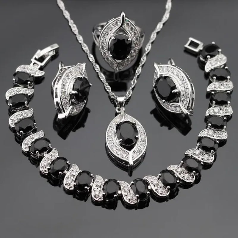 925 Sliver Jewelry Sets Black Zircon White Topaz Necklace Pendant Hoop Earring Ring Bracelet For Women Dating Gift - WORLD TIME VISITS