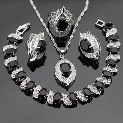 925 Sliver Jewelry Sets Black Zircon White Topaz Necklace Pendant Hoop Earring Ring Bracelet For Women Dating Gift - WORLD TIME VISITS