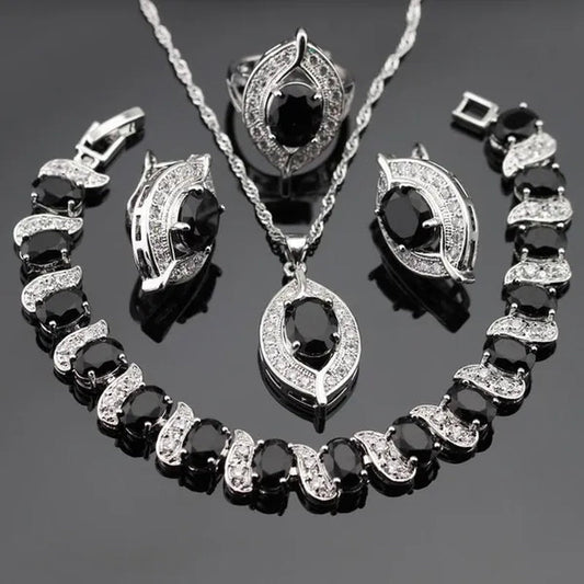 925 Sliver Jewelry Sets Black Zircon White Topaz Necklace Pendant Hoop Earring Ring Bracelet For Women Dating Gift - WORLD TIME VISITS