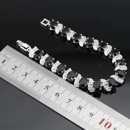 925 Sliver Jewelry Sets Black Zircon White Topaz Necklace Pendant Hoop Earring Ring Bracelet For Women  Dating Gift