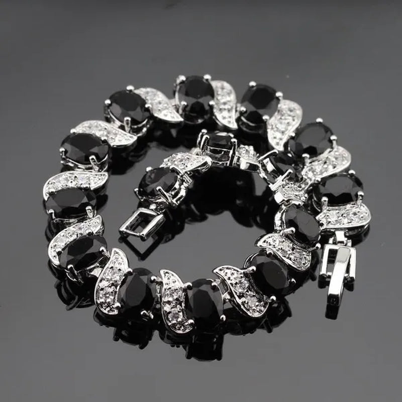 925 Sliver Jewelry Sets Black Zircon White Topaz Necklace Pendant Hoop Earring Ring Bracelet For Women  Dating Gift