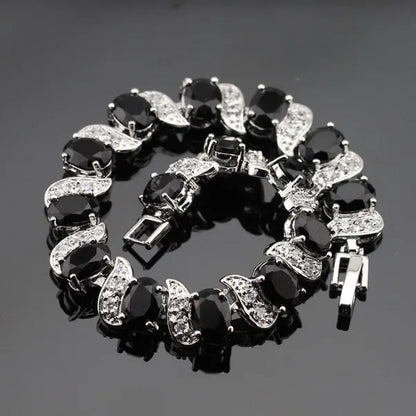 925 Sliver Jewelry Sets Black Zircon White Topaz Necklace Pendant Hoop Earring Ring Bracelet For Women  Dating Gift