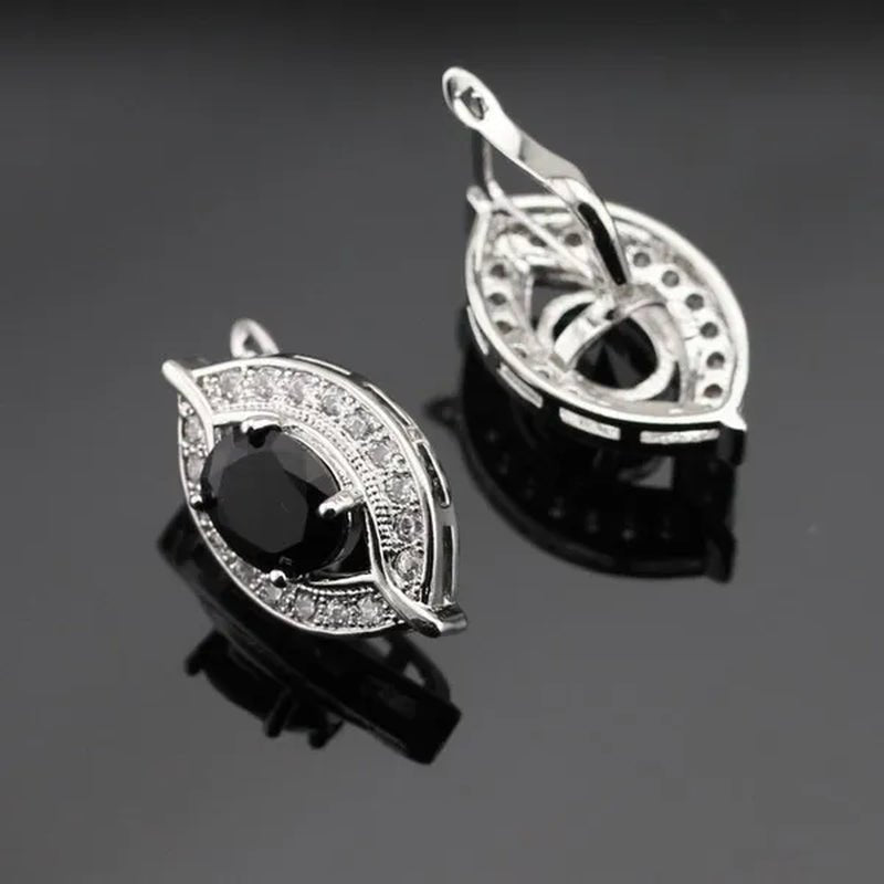 925 Sliver Jewelry Sets Black Zircon White Topaz Necklace Pendant Hoop Earring Ring Bracelet For Women  Dating Gift