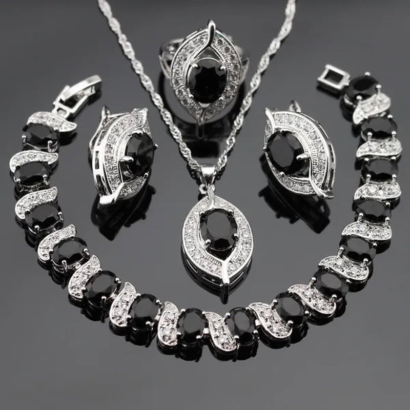 925 Sliver Jewelry Sets Black Zircon White Topaz Necklace Pendant Hoop Earring Ring Bracelet For Women Dating Gift - WORLD TIME VISITS
