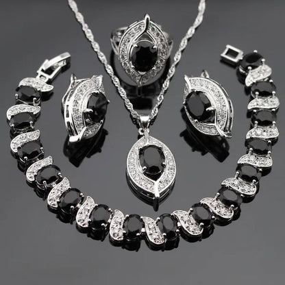 925 Sliver Jewelry Sets Black Zircon White Topaz Necklace Pendant Hoop Earring Ring Bracelet For Women Dating Gift - WORLD TIME VISITS