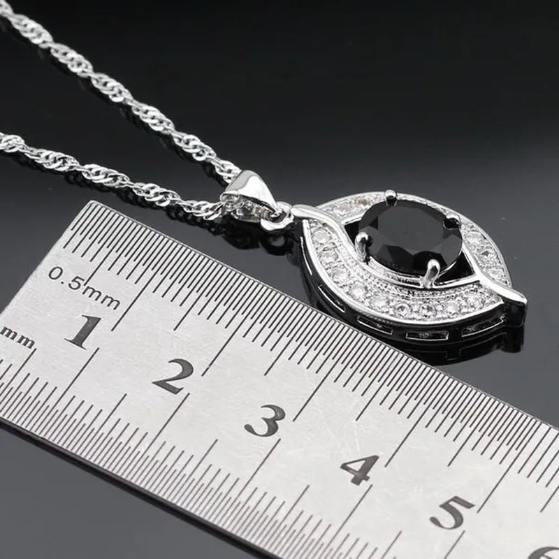 925 Sliver Jewelry Sets Black Zircon White Topaz Necklace Pendant Hoop Earring Ring Bracelet For Women Dating Gift - WORLD TIME VISITS