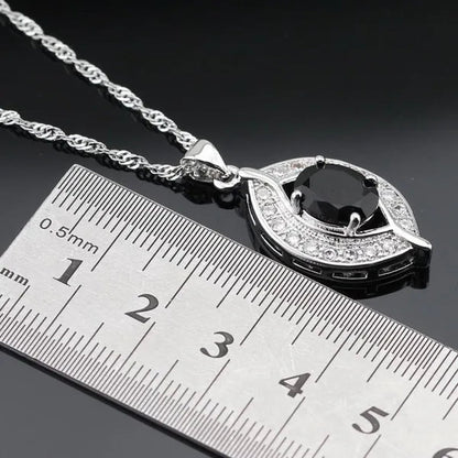 925 Sliver Jewelry Sets Black Zircon White Topaz Necklace Pendant Hoop Earring Ring Bracelet For Women Dating Gift - WORLD TIME VISITS