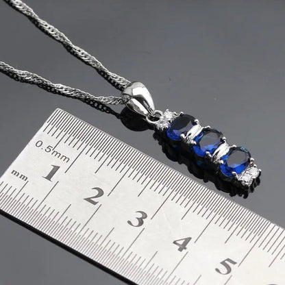 925 Sliver Jewelry Sets Blue Zircon White Topaz Necklace Pendant Drop Earrings Ring Bracelet For Women Dating Gift - WORLD TIME VISITS