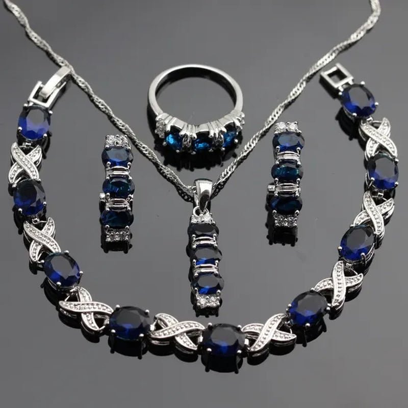 925 Sliver Jewelry Sets Blue Zircon White Topaz Necklace Pendant Drop Earrings Ring Bracelet For Women Dating Gift - WORLD TIME VISITS