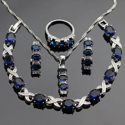 925 Sliver Jewelry Sets Blue Zircon White Topaz Necklace Pendant Drop Earrings Ring Bracelet For Women Dating Gift - WORLD TIME VISITS