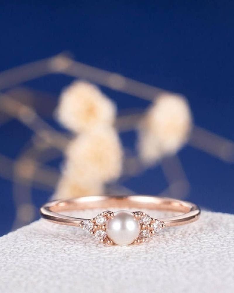 925 Sterling Rose Silver Fresh Water Tiny Pearl Imbue Diamond Close Dainty Simple Design Ring Handmade Polishing Crafted Hypoallergenic Charm Ring Jewelry Elegant Prom Party Size 7