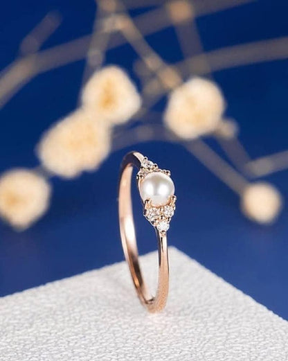 925 Sterling Rose Silver Fresh Water Tiny Pearl Imbue Diamond Close Dainty Simple Design Ring Handmade Polishing Crafted Hypoallergenic Charm Ring Jewelry Elegant Prom Party Size 7