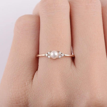 925 Sterling Rose Silver Fresh Water Tiny Pearl Imbue Diamond Close Dainty Simple Design Ring Handmade Polishing Crafted Hypoallergenic Charm Ring Jewelry Elegant Prom Party Size 7