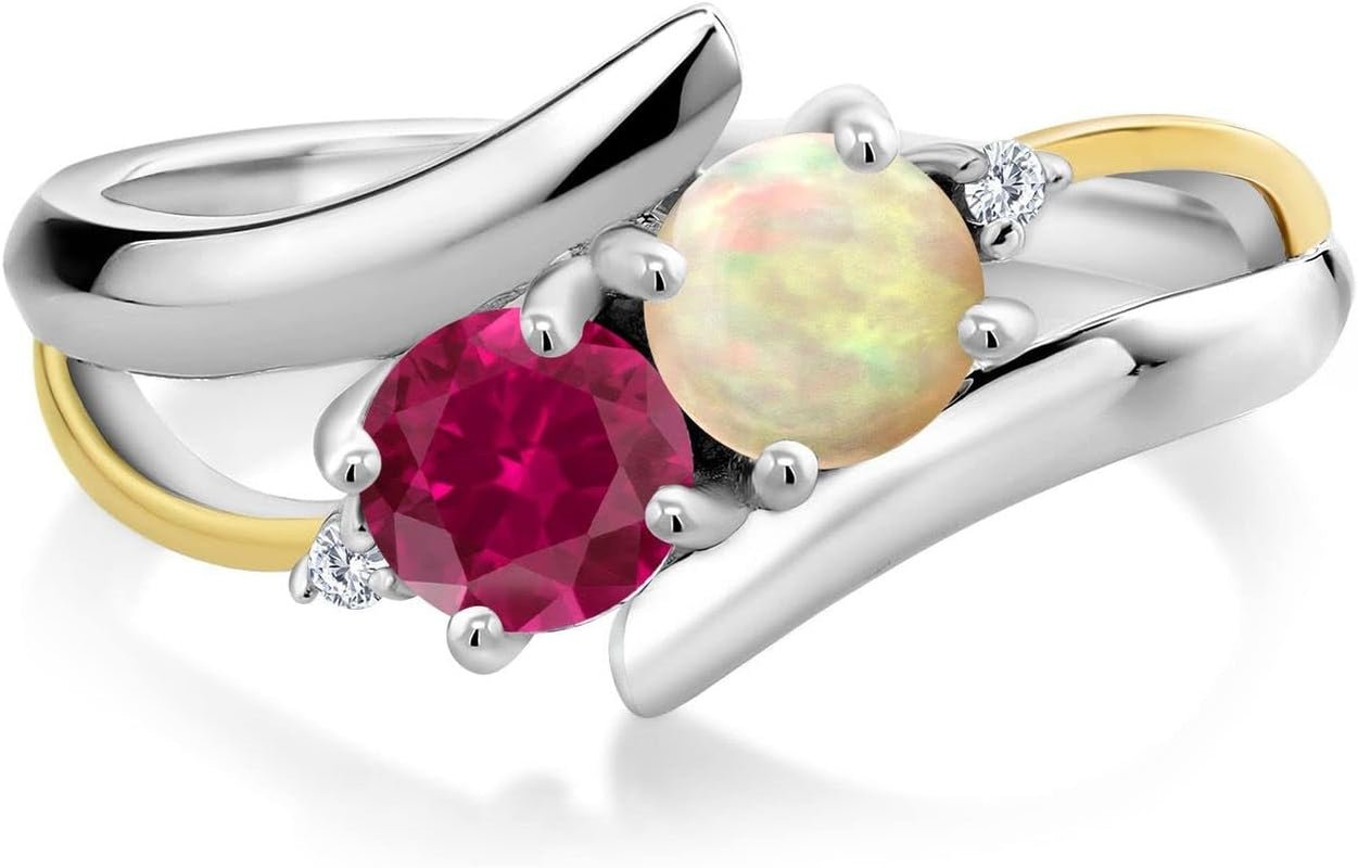 925 Sterling Silver & 10K Yellow Gold round Cabochon White Ethiopian Opal Red Created Ruby & Lab Grown Diamond Women Ring (1.32 Cttw, Available in Size 5, 6, 7, 8, 9) - WORLD TIME VISITS