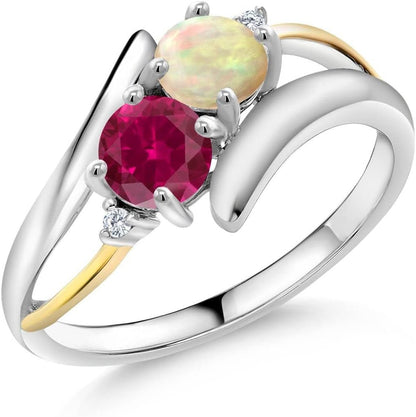 925 Sterling Silver & 10K Yellow Gold round Cabochon White Ethiopian Opal Red Created Ruby & Lab Grown Diamond Women Ring (1.32 Cttw, Available in Size 5, 6, 7, 8, 9) - WORLD TIME VISITS