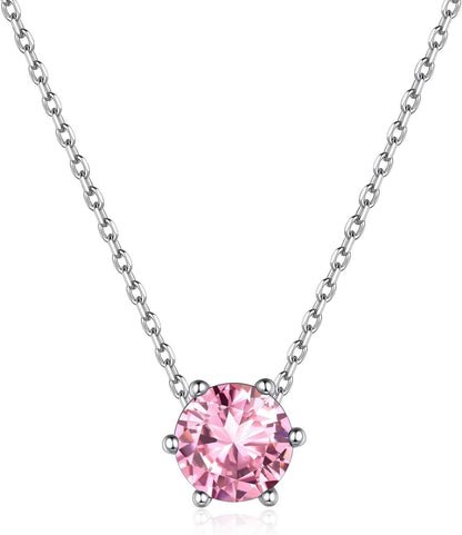 925 Sterling Silver 12 Months Sparkling round Cut Created Birthstone Pendant Necklace, 16 Inch Rolo Chain (With Gift Box) - WORLD TIME VISITS