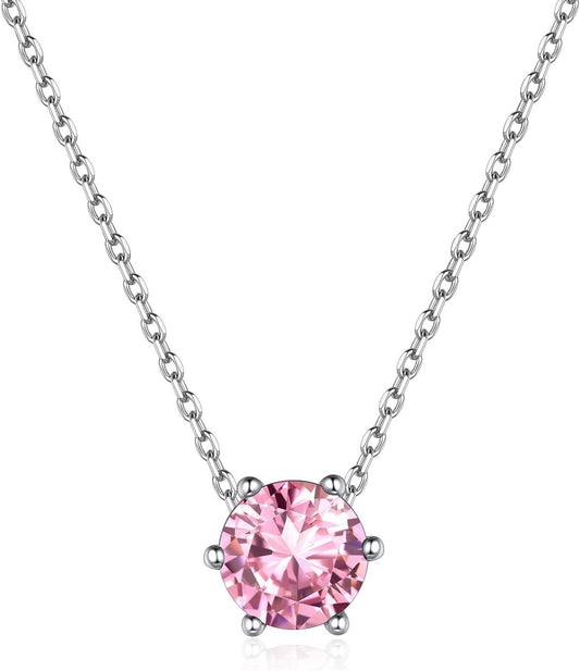 925 Sterling Silver 12 Months Sparkling round Cut Created Birthstone Pendant Necklace, 16 Inch Rolo Chain (With Gift Box) - WORLD TIME VISITS
