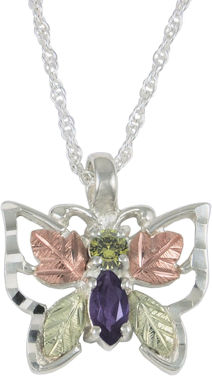 925 Sterling Silver, 12K Green and Rose Gold Peridot and Amethyst Butterfly Necklace for Women 18 Inches - WORLD TIME VISITS