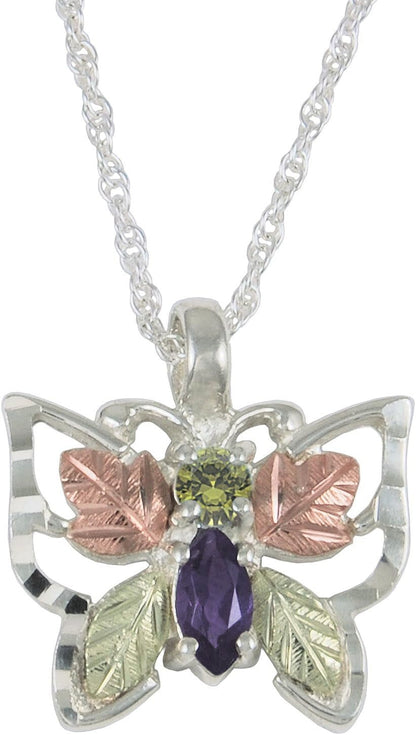 925 Sterling Silver, 12K Green and Rose Gold Peridot and Amethyst Butterfly Necklace for Women 18 Inches - WORLD TIME VISITS