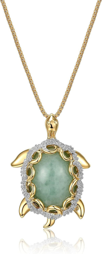 .925 Sterling Silver 18K Gold Plated Genuine Jade Necklaces for Women - Elephant and White Sapphire or Turtle with 1/10 Cttw Diamond Pendant, Gold Necklace for Women Jewelry 18 Inch - WORLD TIME VISITS