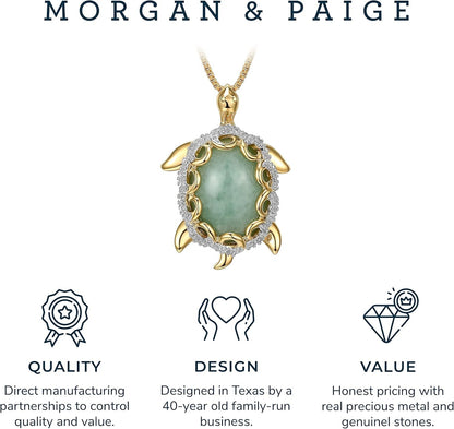 .925 Sterling Silver 18K Gold Plated Genuine Jade Necklaces for Women - Elephant and White Sapphire or Turtle with 1/10 Cttw Diamond Pendant, Gold Necklace for Women Jewelry 18 Inch