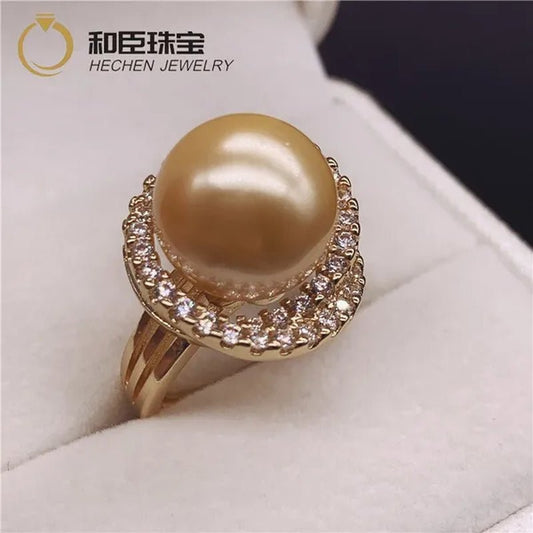 925 sterling silver 18K gold with diamonds natural south sea gold pearl pearl powder ring pearl ring finger ring for mother - WORLD TIME VISITS
