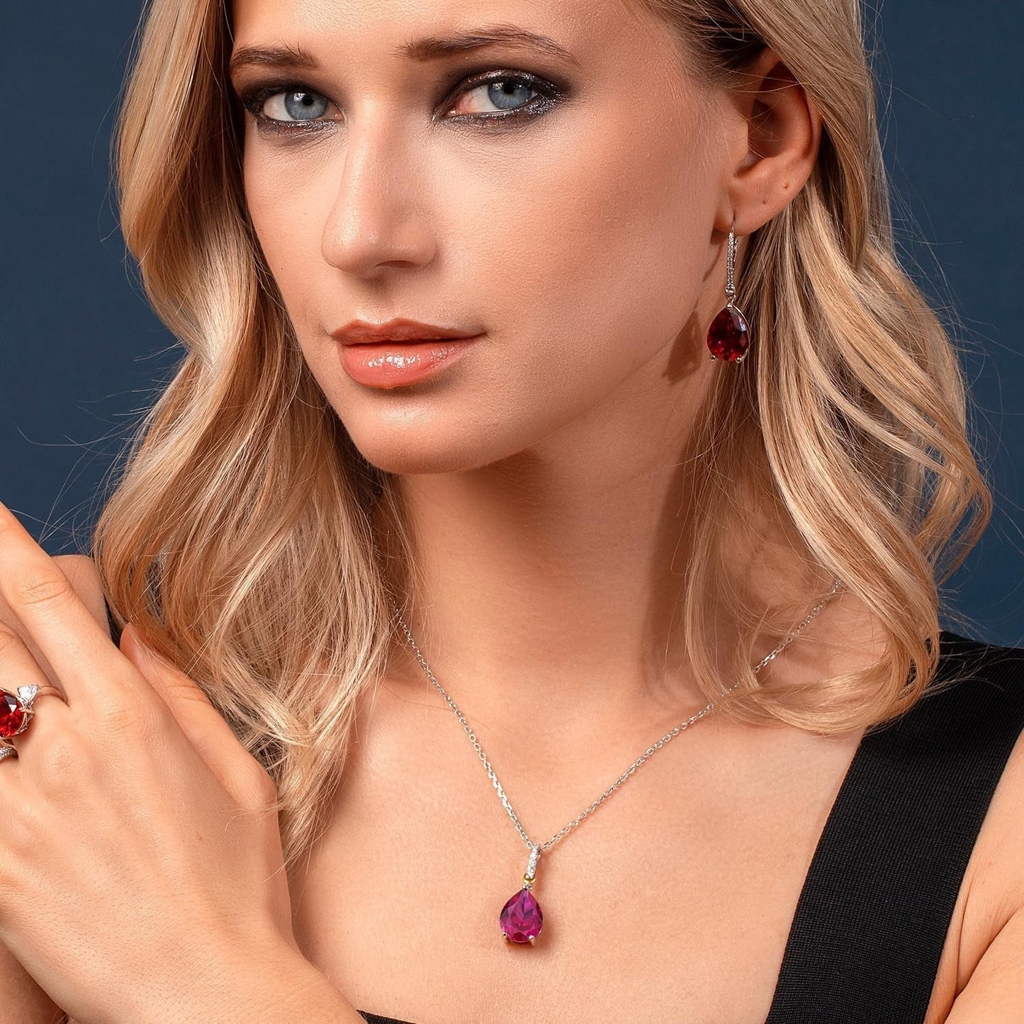 925 Sterling Silver and 10K Yellow Gold Pear Shape Red Created Ruby and White Moissanite Pendant Necklace for Women (9.68 Cttw, with 18 Inch Chain)