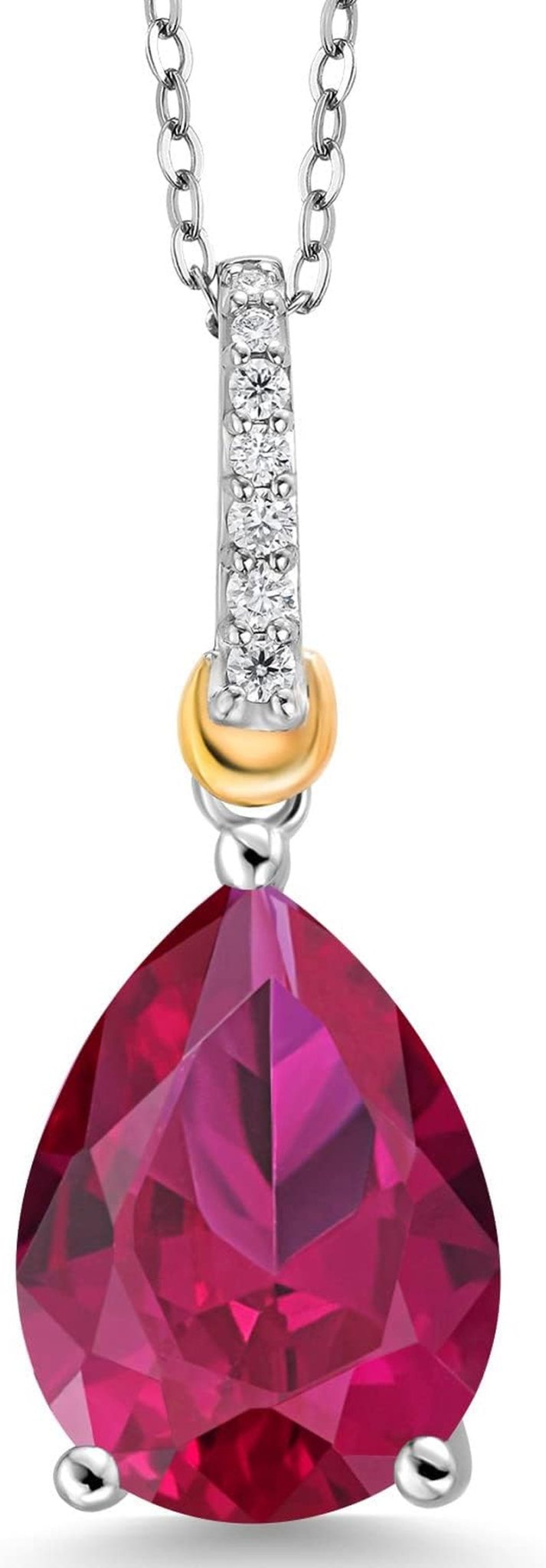 925 Sterling Silver and 10K Yellow Gold Pear Shape Red Created Ruby and White Moissanite Pendant Necklace for Women (9.68 Cttw, with 18 Inch Chain) - WORLD TIME VISITS