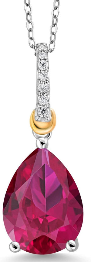 925 Sterling Silver and 10K Yellow Gold Pear Shape Red Created Ruby and White Moissanite Pendant Necklace for Women (9.68 Cttw, with 18 Inch Chain)
