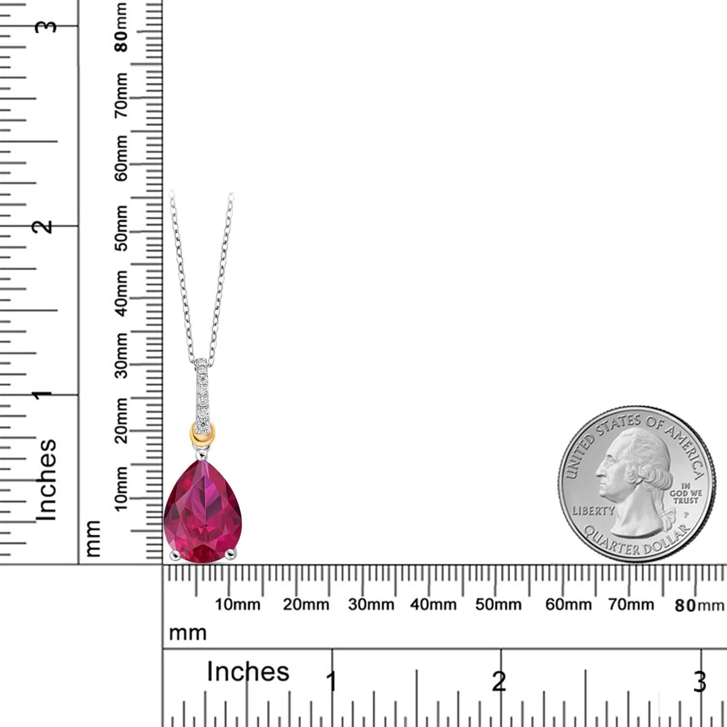 925 Sterling Silver and 10K Yellow Gold Pear Shape Red Created Ruby and White Moissanite Pendant Necklace for Women (9.68 Cttw, with 18 Inch Chain) - WORLD TIME VISITS