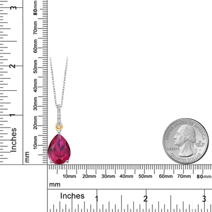 925 Sterling Silver and 10K Yellow Gold Pear Shape Red Created Ruby and White Moissanite Pendant Necklace for Women (9.68 Cttw, with 18 Inch Chain) - WORLD TIME VISITS