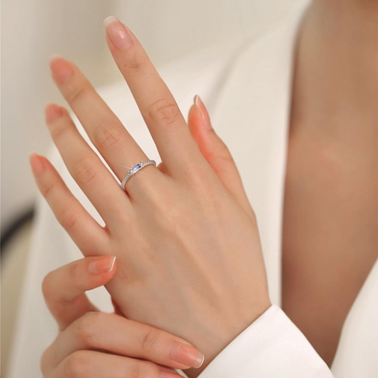 925 Sterling Silver Baguette Created Diamond Rings for Women Thin Stackable Birthstone Promise Rings Half Eternity Halo Cubic Zirconia Wedding Band Rings for Her Size 5-10