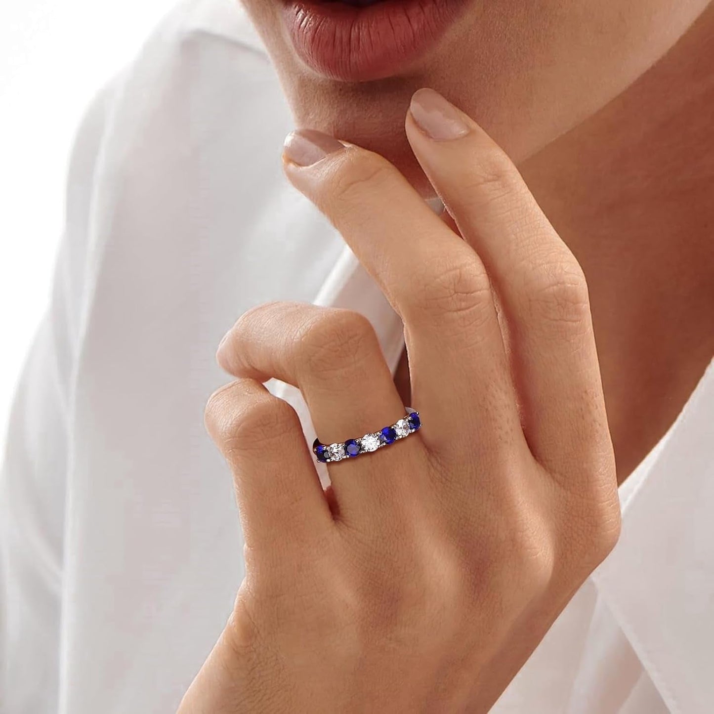 925 Sterling Silver Birthstone Rings for Women Created Gemstone Half Eternity Band 7 Stone Cubic Zirconia Wedding Band Birthstone Jewelry Size 6 - 10 - WORLD TIME VISITS