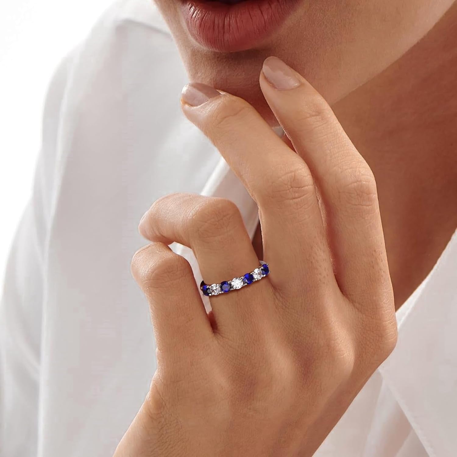 925 Sterling Silver Birthstone Rings for Women Created Gemstone Half Eternity Band 7 Stone Cubic Zirconia Wedding Band Birthstone Jewelry Size 6 - 10 - WORLD TIME VISITS