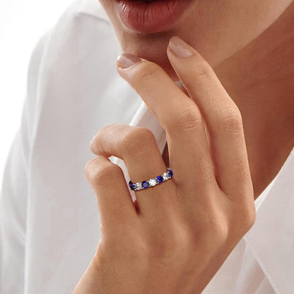 925 Sterling Silver Birthstone Rings for Women Created Gemstone Half Eternity Band 7 Stone Cubic Zirconia Wedding Band Birthstone Jewelry Size 6 - 10 - WORLD TIME VISITS