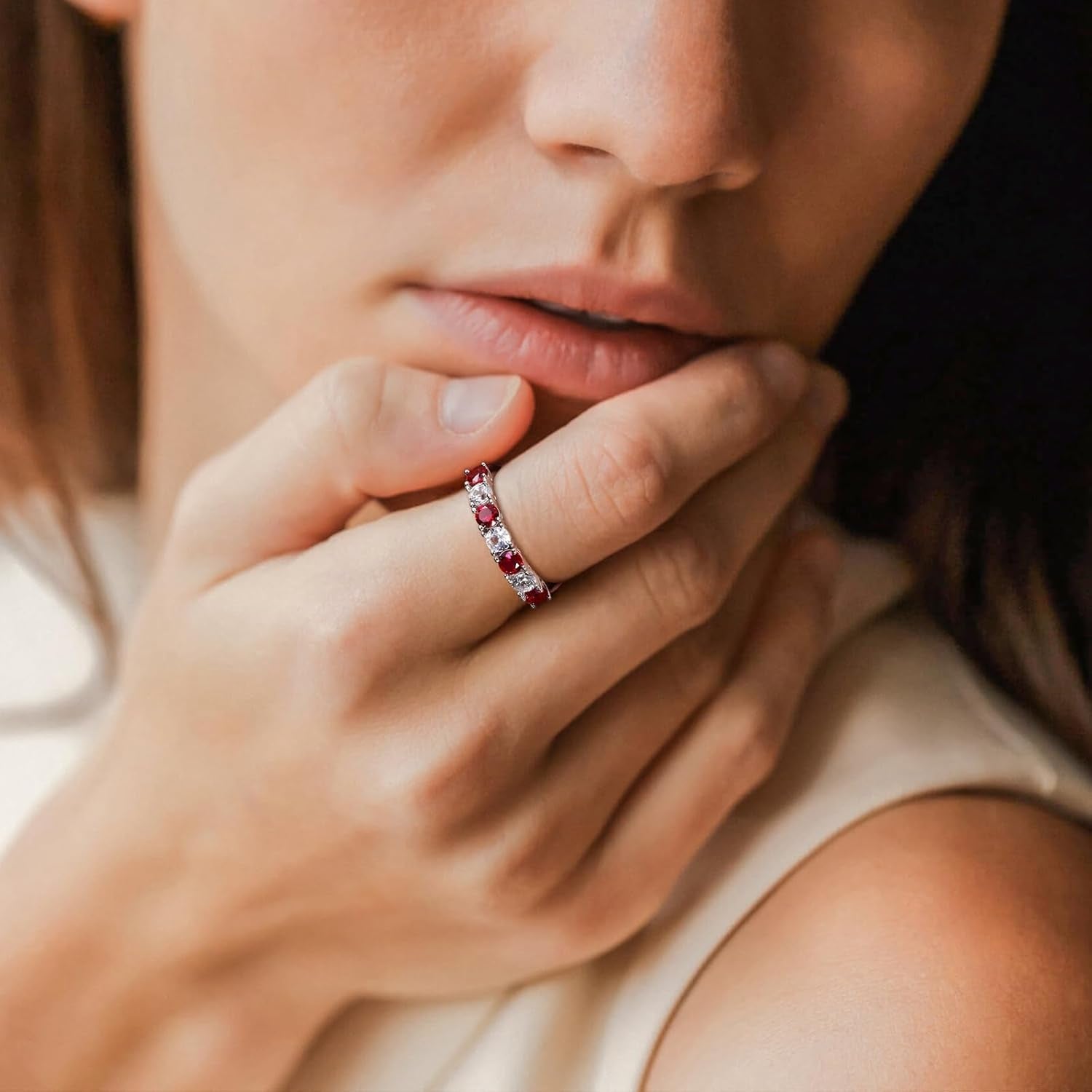925 Sterling Silver Birthstone Rings for Women White Sapphire Created Gemstone Wedding Band Stackable Half Eternity 7 Stone Anniversary Ring Wife Mom Grandma Birthday Jewelry Size 6 - 10 - WORLD TIME VISITS