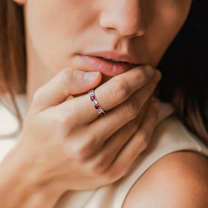 925 Sterling Silver Birthstone Rings for Women White Sapphire Created Gemstone Wedding Band Stackable Half Eternity 7 Stone Anniversary Ring Wife Mom Grandma Birthday Jewelry Size 6 - 10 - WORLD TIME VISITS