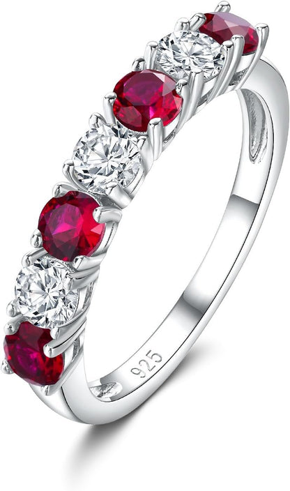 925 Sterling Silver Birthstone Rings for Women White Sapphire Created Gemstone Wedding Band Stackable Half Eternity 7 Stone Anniversary Ring Wife Mom Grandma Birthday Jewelry Size 6 - 10 - WORLD TIME VISITS