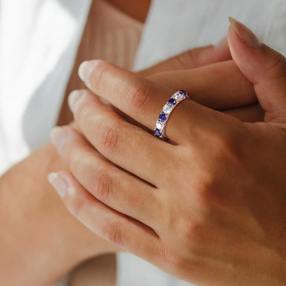 925 Sterling Silver Birthstone Rings for Women White Sapphire Created Gemstone Wedding Band Stackable Half Eternity 7 Stone Anniversary Ring Wife Mom Grandma Birthday Jewelry Size 6 - 10 - WORLD TIME VISITS