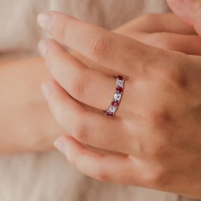 925 Sterling Silver Birthstone Rings for Women White Sapphire Created Gemstone Wedding Band Stackable Half Eternity 7 Stone Anniversary Ring Wife Mom Grandma Birthday Jewelry Size 6-10