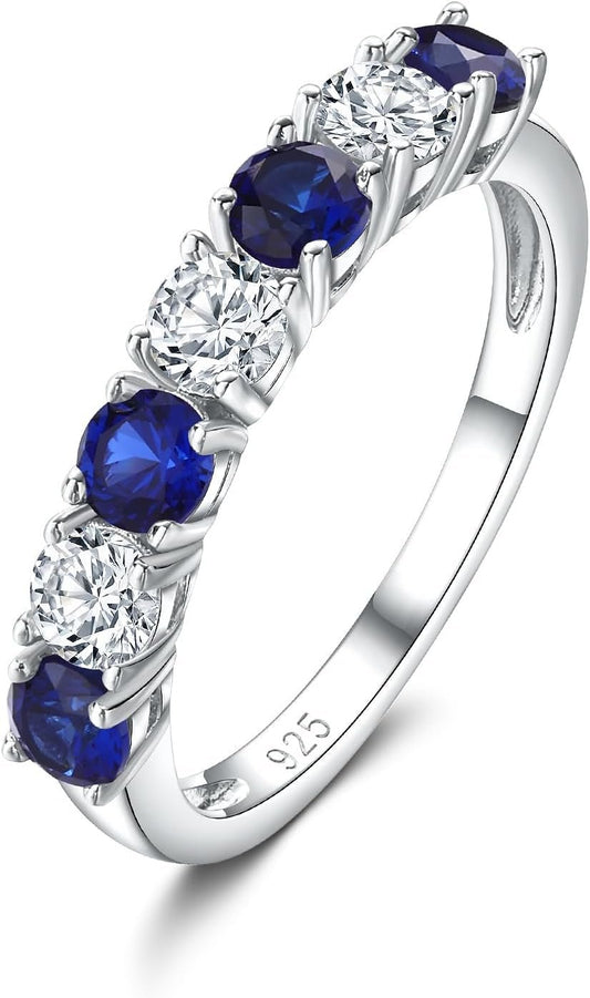 925 Sterling Silver Birthstone Rings for Women White Sapphire Created Gemstone Wedding Band Stackable Half Eternity 7 Stone Anniversary Ring Wife Mom Grandma Birthday Jewelry Size 6 - 10 - WORLD TIME VISITS