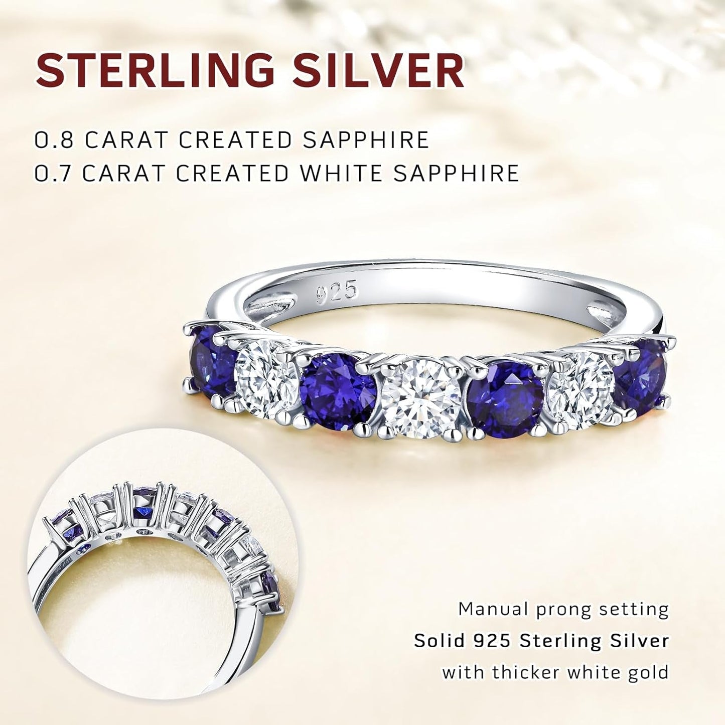 925 Sterling Silver Birthstone Rings for Women White Sapphire Created Gemstone Wedding Band Stackable Half Eternity 7 Stone Anniversary Ring Wife Mom Grandma Birthday Jewelry Size 6-10