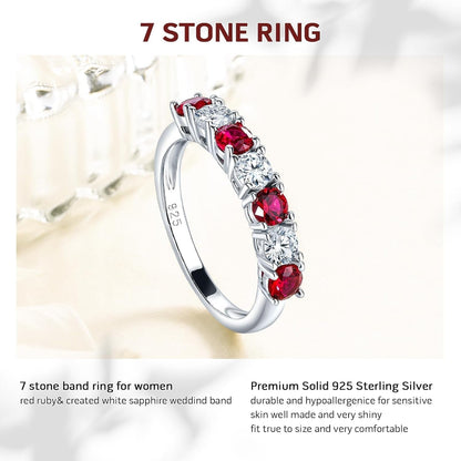 925 Sterling Silver Birthstone Rings for Women White Sapphire Created Gemstone Wedding Band Stackable Half Eternity 7 Stone Anniversary Ring Wife Mom Grandma Birthday Jewelry Size 6-10