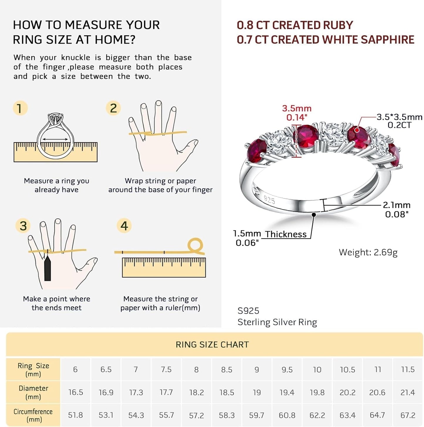 925 Sterling Silver Birthstone Rings for Women White Sapphire Created Gemstone Wedding Band Stackable Half Eternity 7 Stone Anniversary Ring Wife Mom Grandma Birthday Jewelry Size 6-10