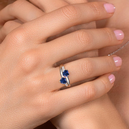 925 Sterling Silver Blue Created Sapphire and White Lab Grown Diamond Women Ring (1.30 Ct Heart Shape, Available in Size 5, 6, 7, 8, 9)