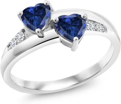 925 Sterling Silver Blue Created Sapphire and White Lab Grown Diamond Women Ring (1.30 Ct Heart Shape, Available in Size 5, 6, 7, 8, 9) - WORLD TIME VISITS
