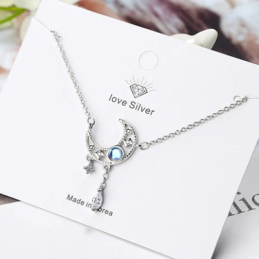 925 Sterling Silver Colorful Moonstone Clavicle Chain Necklace Silver Moon Zircon Tassel Necklace Jewelry for Women - WORLD TIME VISITS