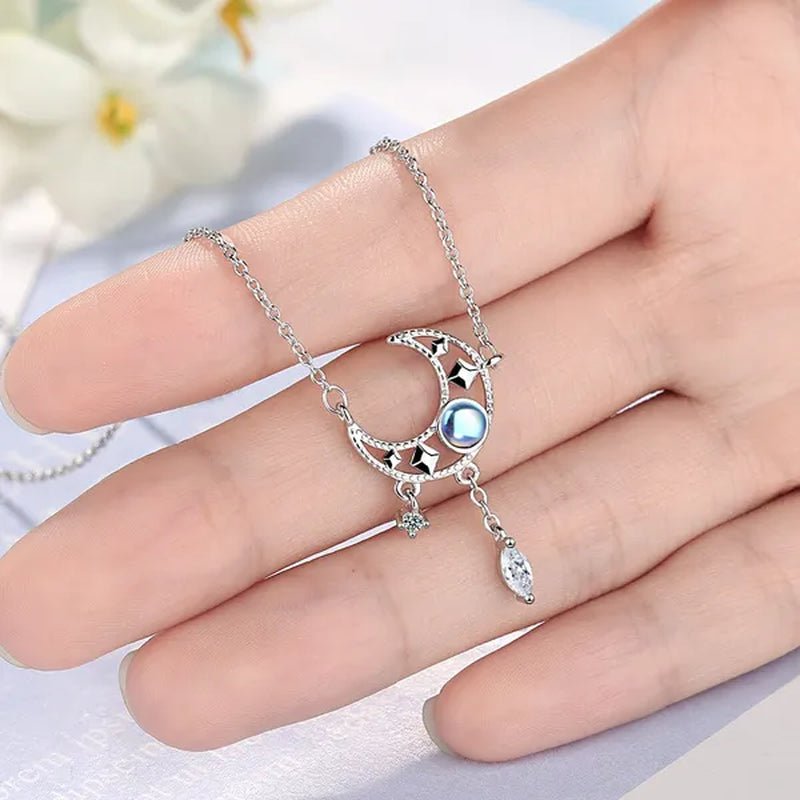 925 Sterling Silver Colorful Moonstone Clavicle Chain Necklace Silver Moon Zircon Tassel Necklace Jewelry for Women - WORLD TIME VISITS