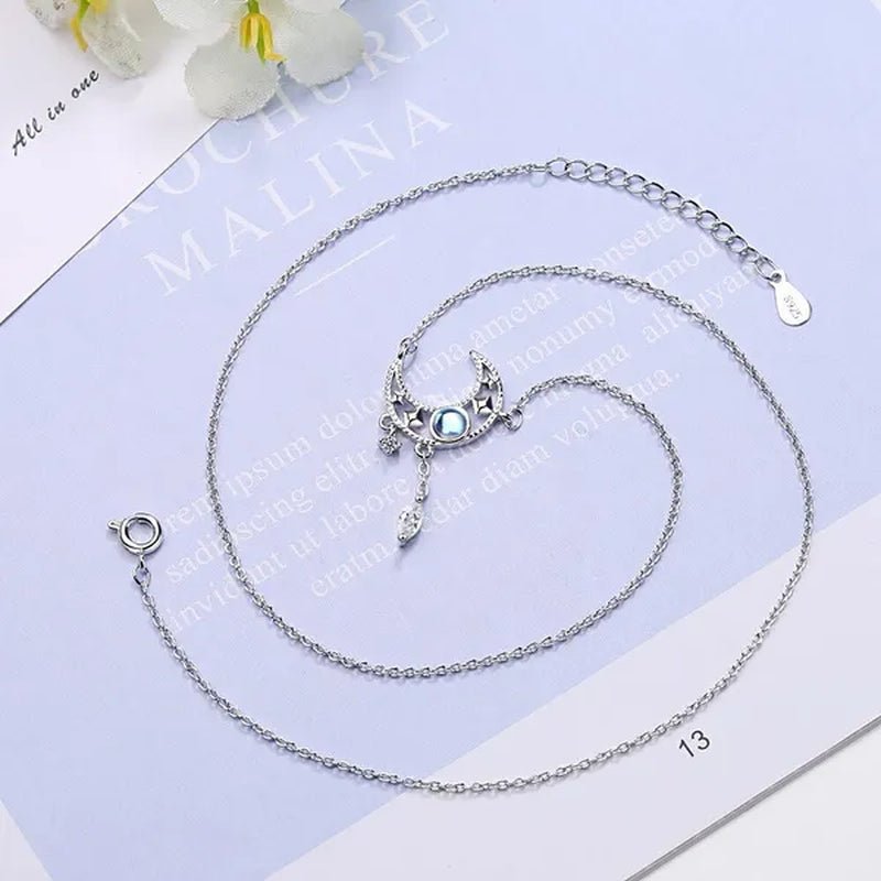 925 Sterling Silver Colorful Moonstone Clavicle Chain Necklace Silver Moon Zircon Tassel Necklace Jewelry for Women