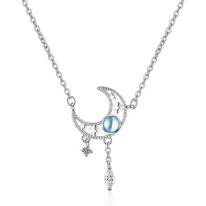 925 Sterling Silver Colorful Moonstone Clavicle Chain Necklace Silver Moon Zircon Tassel Necklace Jewelry for Women